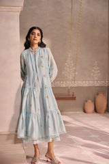 Powder Blue Chanderi Lace Layered Long Open Jacket with Cotton Sleeveless Dress