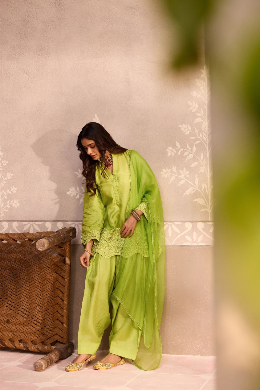 Parrot Green Dola Silk Farsi Salwar Set with Dupatta