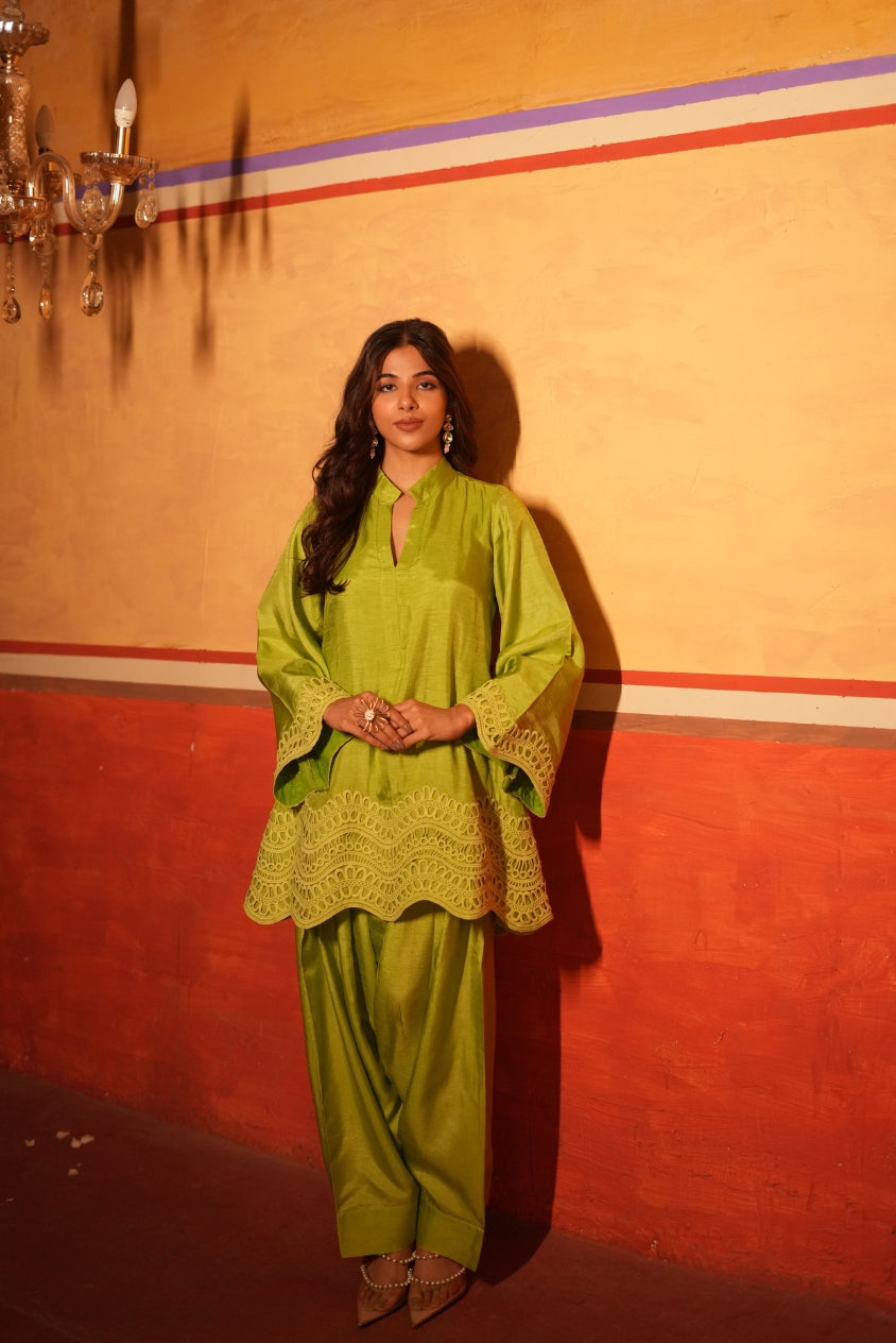 Parrot Green Dola Silk Farsi Salwar Set with Dupatta