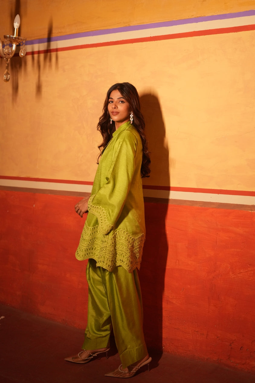 Parrot Green Dola Silk Farsi Salwar Set with Dupatta