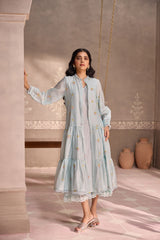 Powder Blue Chanderi Lace Layered Long Open Jacket with Cotton Sleeveless Dress
