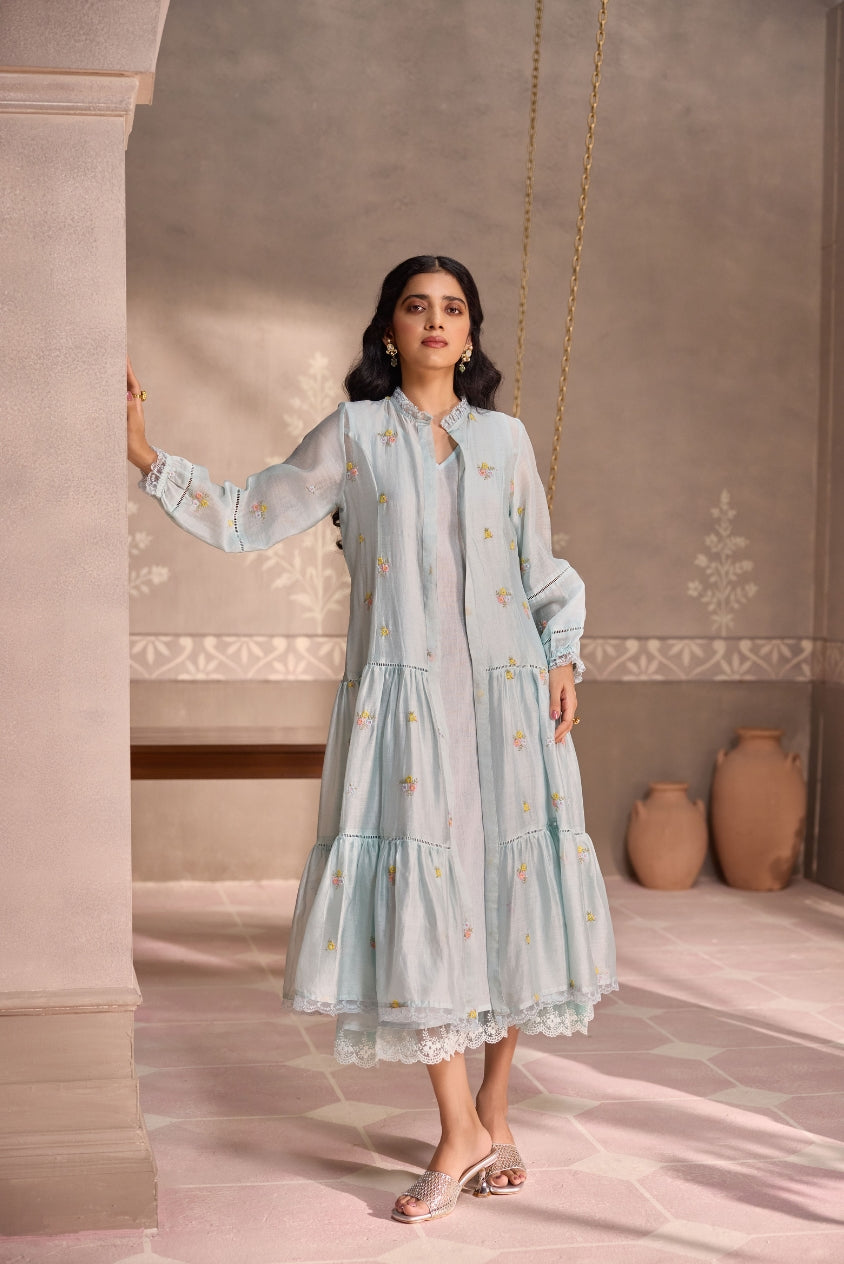 Powder Blue Chanderi Lace Layered Long Open Jacket with Cotton Sleeveless Dress