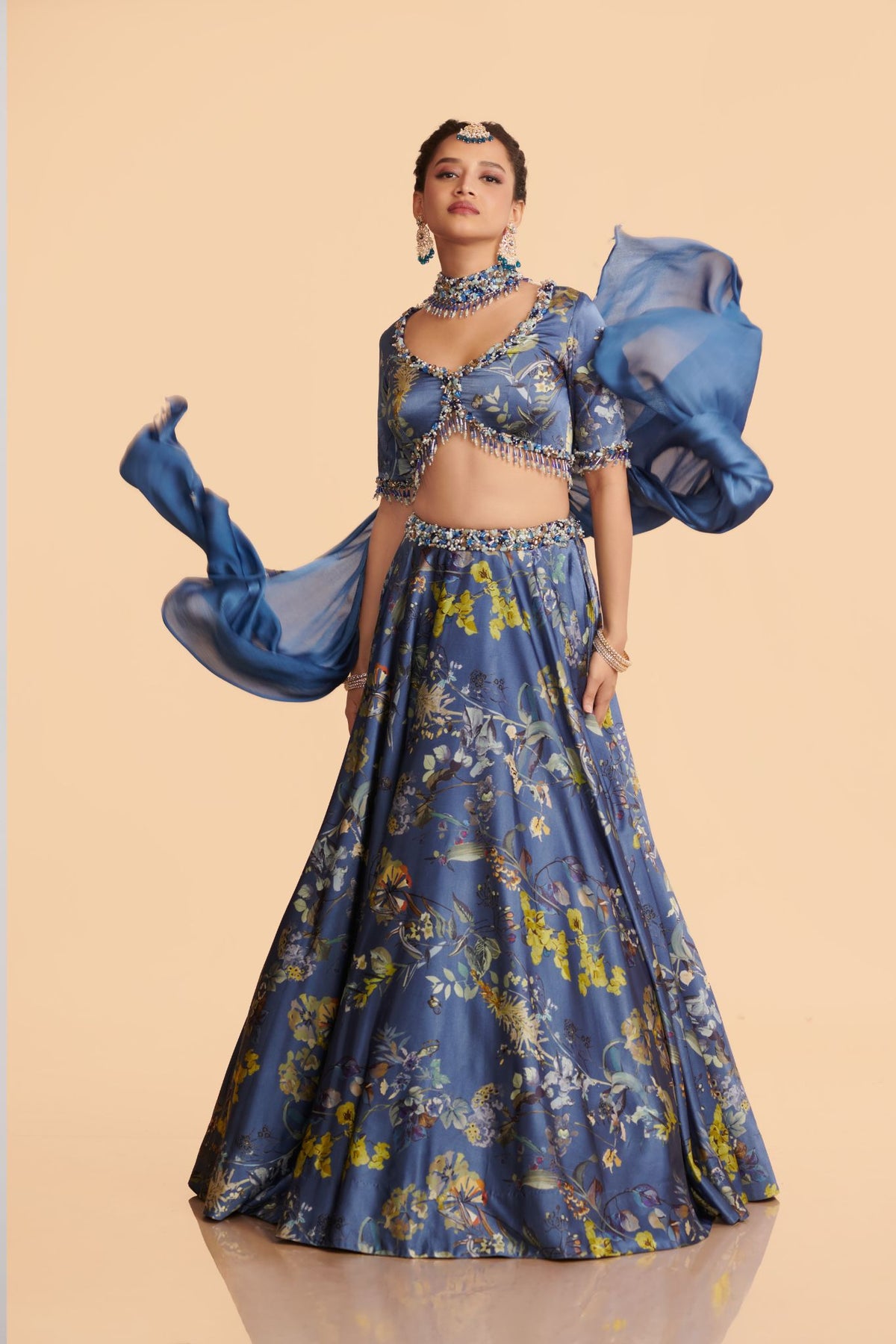 Blue Chinon Lehenga With Blouse and Dupatta