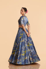 Blue Chinon Lehenga With Blouse and Dupatta