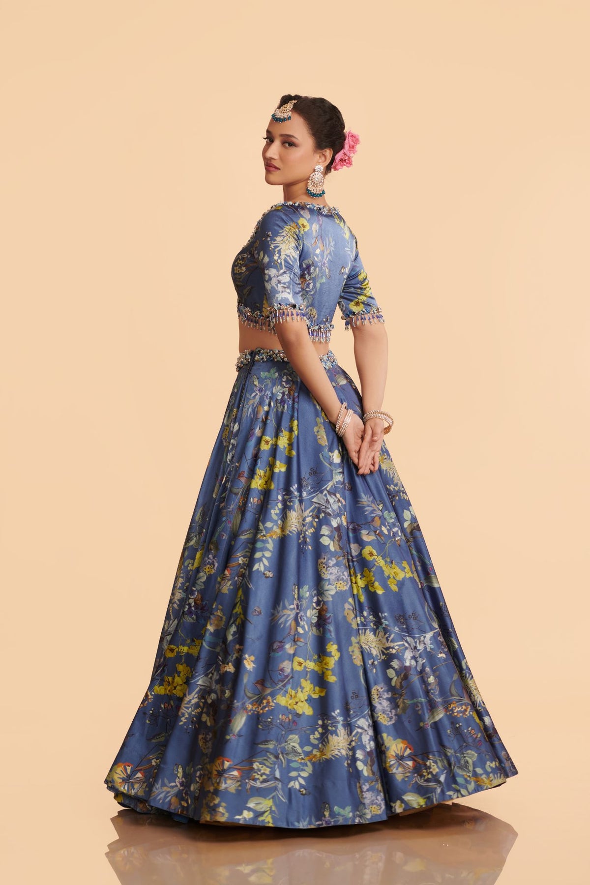 Blue Chinon Lehenga With Blouse and Dupatta