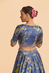 Blue Chinon Lehenga With Blouse and Dupatta