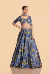 Blue Chinon Lehenga With Blouse and Dupatta