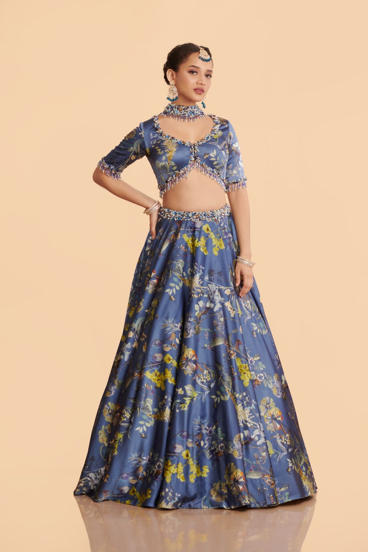 Blue Chinon Lehenga With Blouse and Dupatta