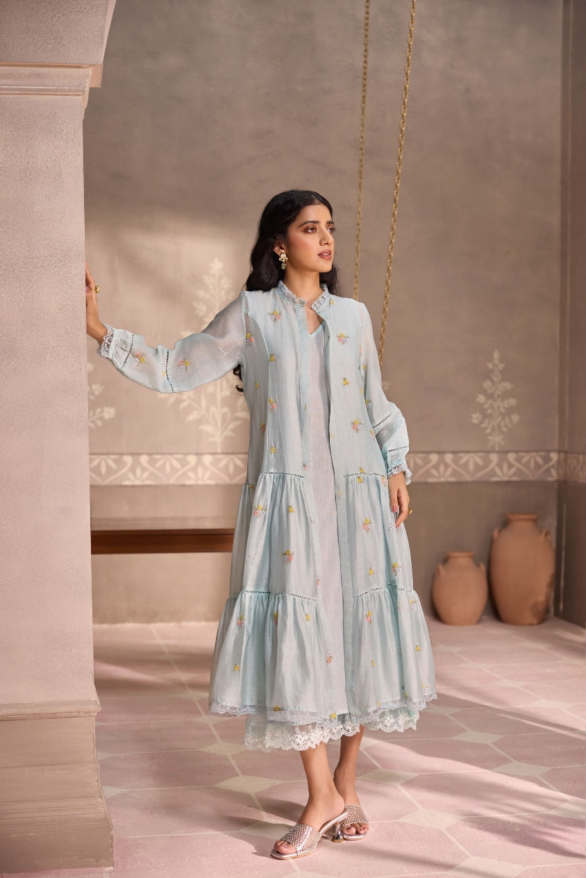 Powder Blue Chanderi Lace Layered Long Open Jacket with Cotton Sleeveless Dress
