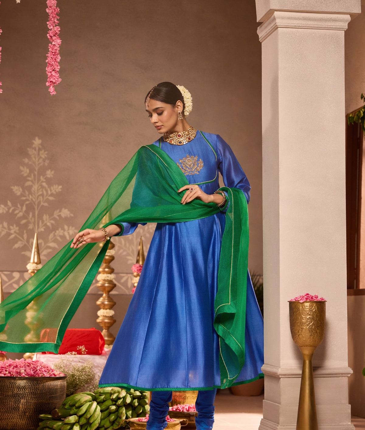 Blue Chanderi Anarkali 3-Piece Set