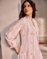 Pastel Pink Chanderi Lace Layered Long Open Jacket with Cotton Sleeveless Dress