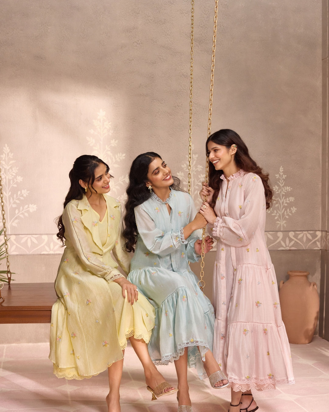 Pastel Pink Chanderi Lace Layered Long Open Jacket with Cotton Sleeveless Dress
