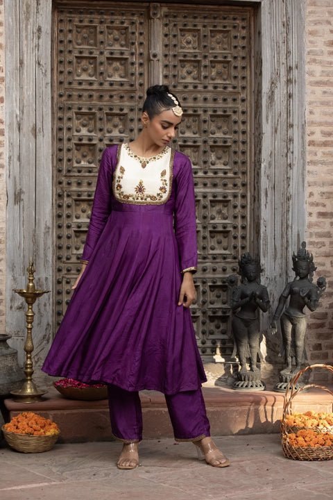 Purple Anarkali Set With Ivory Round Yoke Hand-Embellished
