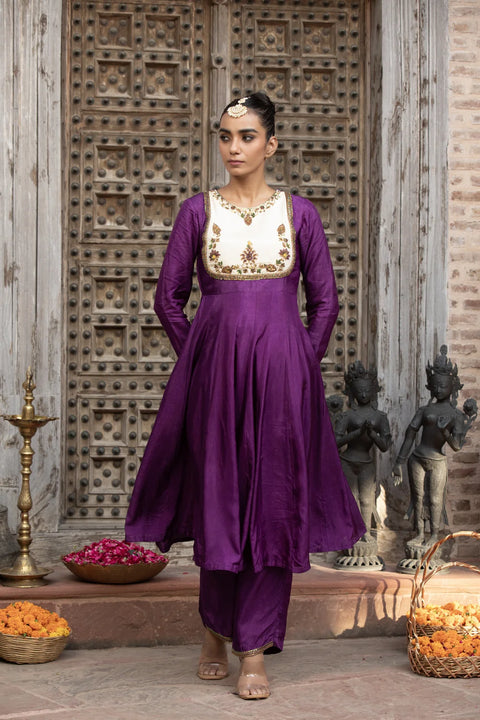 Purple Anarkali Set With Ivory Round Yoke Hand-Embellished