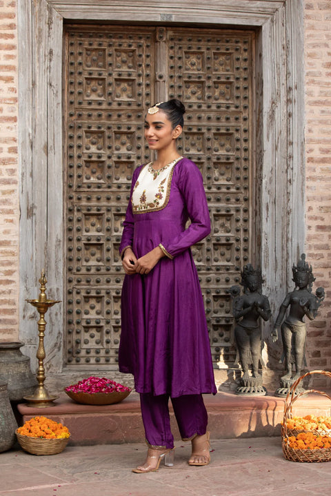 Purple Anarkali Set With Ivory Round Yoke Hand-Embellished