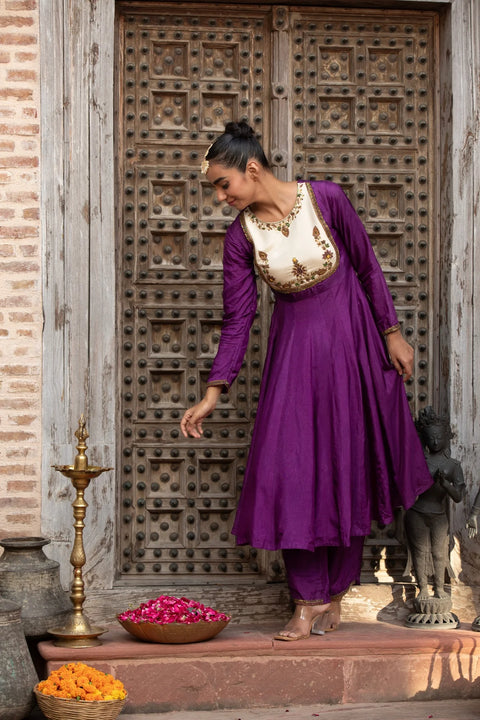 Purple Anarkali Set With Ivory Round Yoke Hand-Embellished