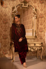 Burgundy Baroque Work Velvet Kurti & Salwar