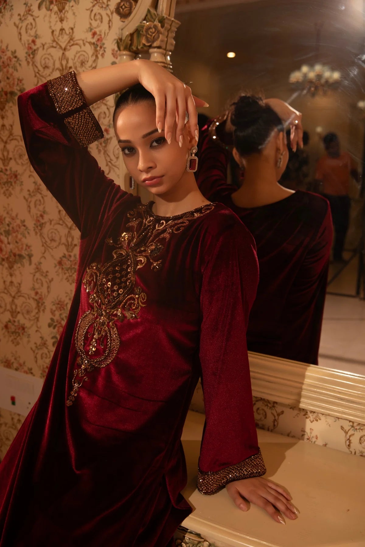 Burgundy Baroque Work Velvet Kurti & Salwar