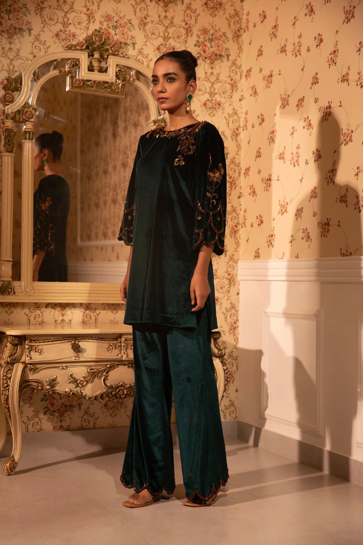 Emerald Baroque Work Kurti With Palazzo