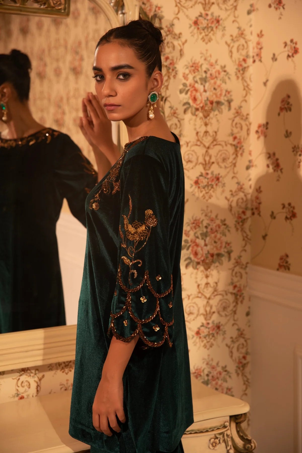 Emerald Baroque Work Kurti With Palazzo