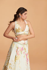 Off-White Multi-Colour Organza Lehenga With Blouse & Dupatta