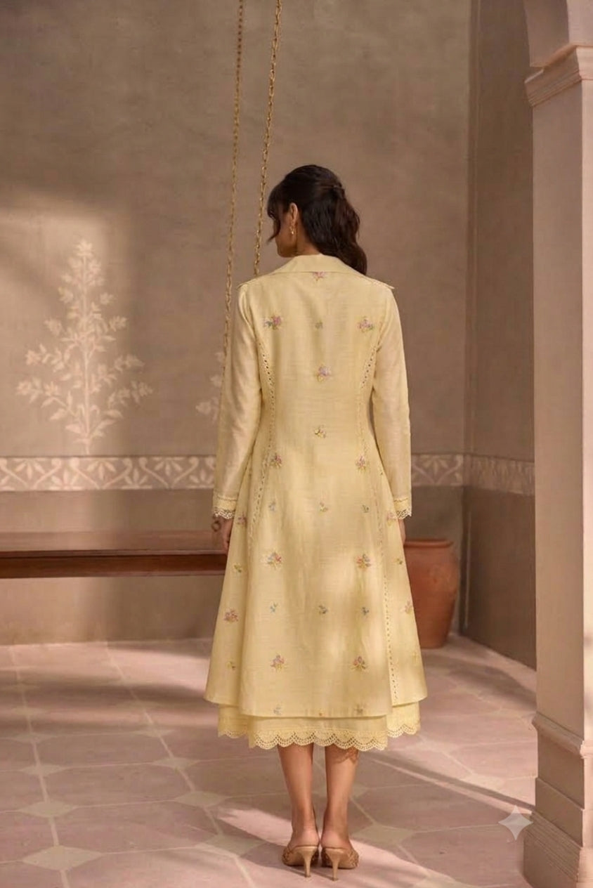Yellow Chanderi Long Jacket with Sleeveless Cotton Dress