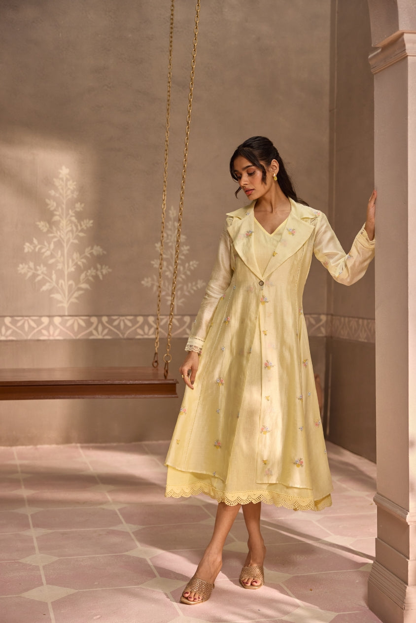 Yellow Chanderi Long Jacket with Sleeveless Cotton Dress