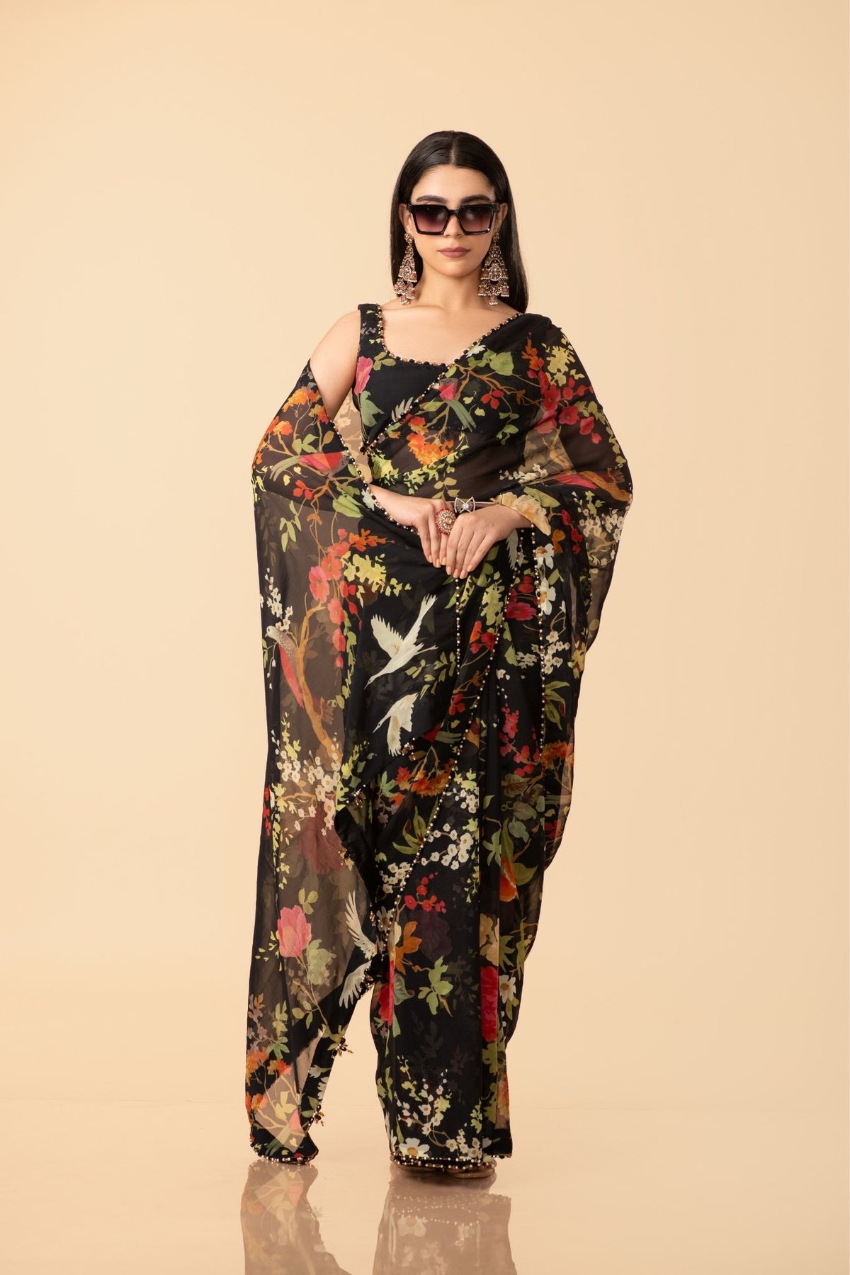 Off-White, Black, Pink, Blue, Green & Grey Organza Saree