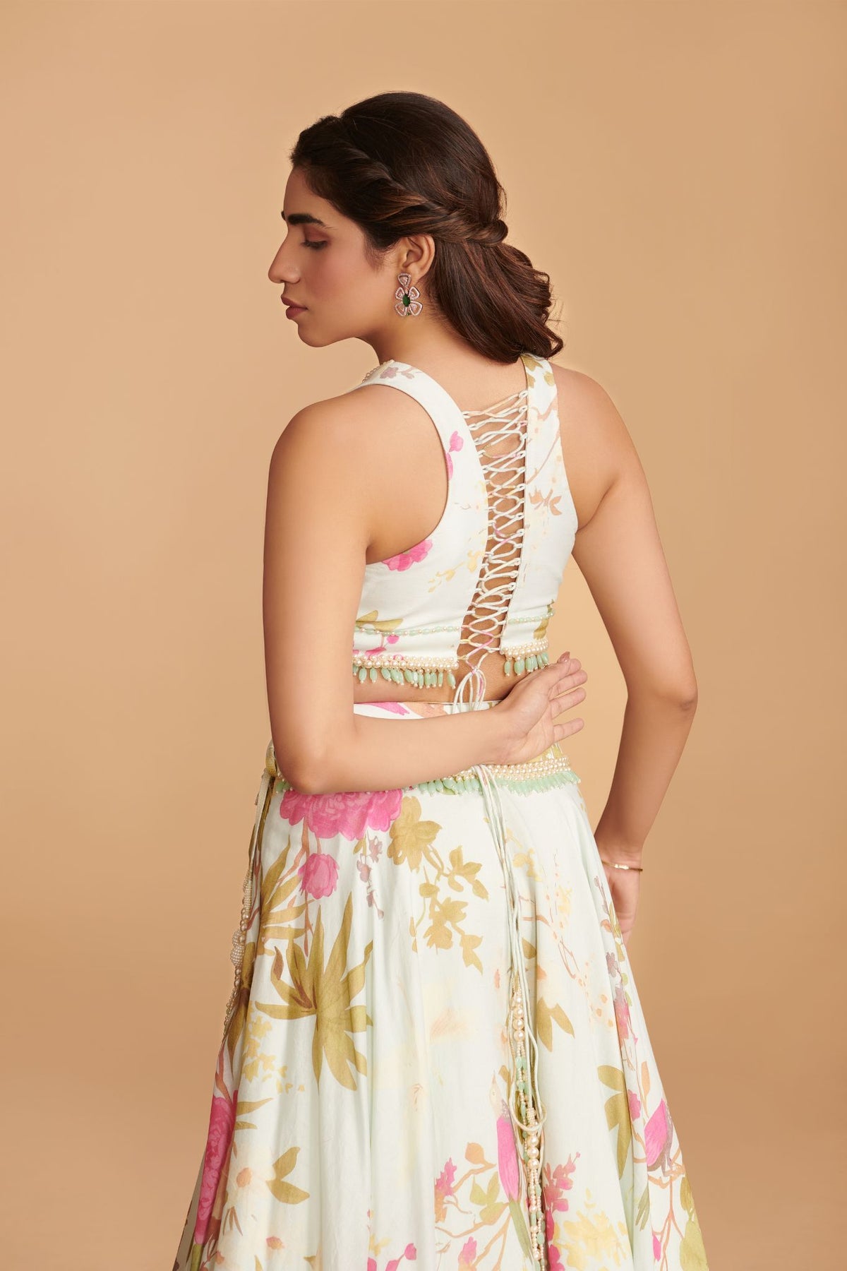 Off-White Multi-Colour Organza Lehenga With Blouse & Dupatta