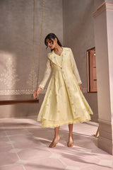 Yellow Chanderi Long Jacket with Sleeveless Cotton Dress