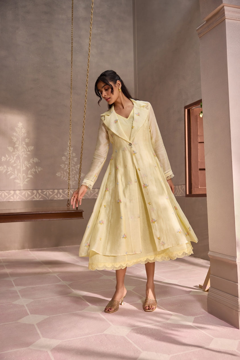 Yellow Chanderi Long Jacket with Sleeveless Cotton Dress