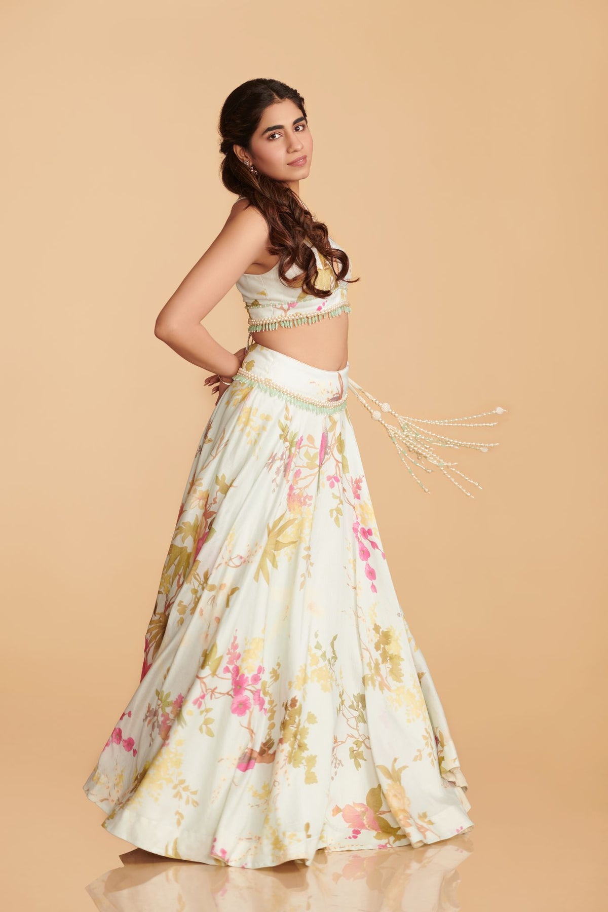 Off-White Multi-Colour Organza Lehenga With Blouse & Dupatta