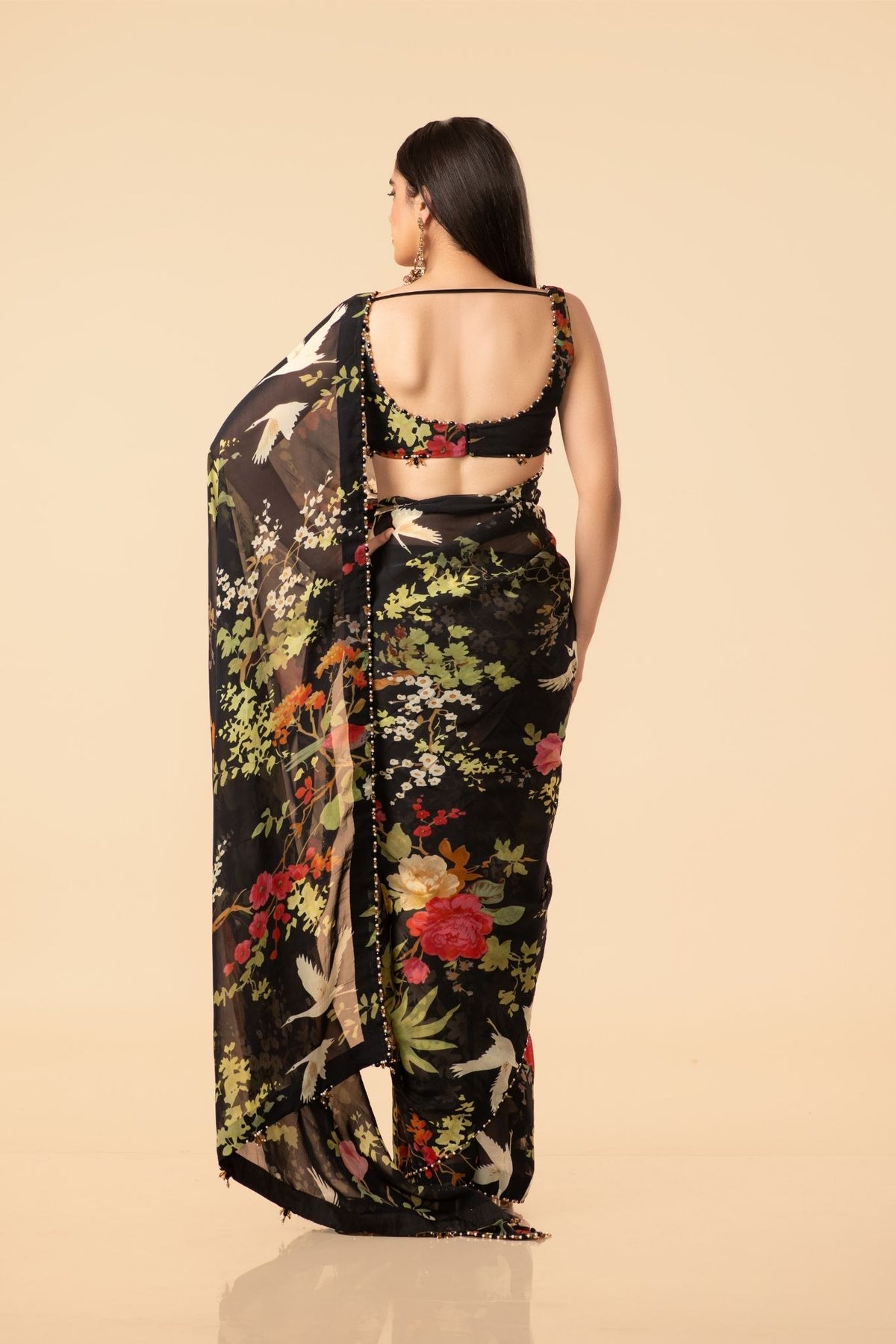 Off-White, Black, Pink, Blue, Green & Grey Organza Saree