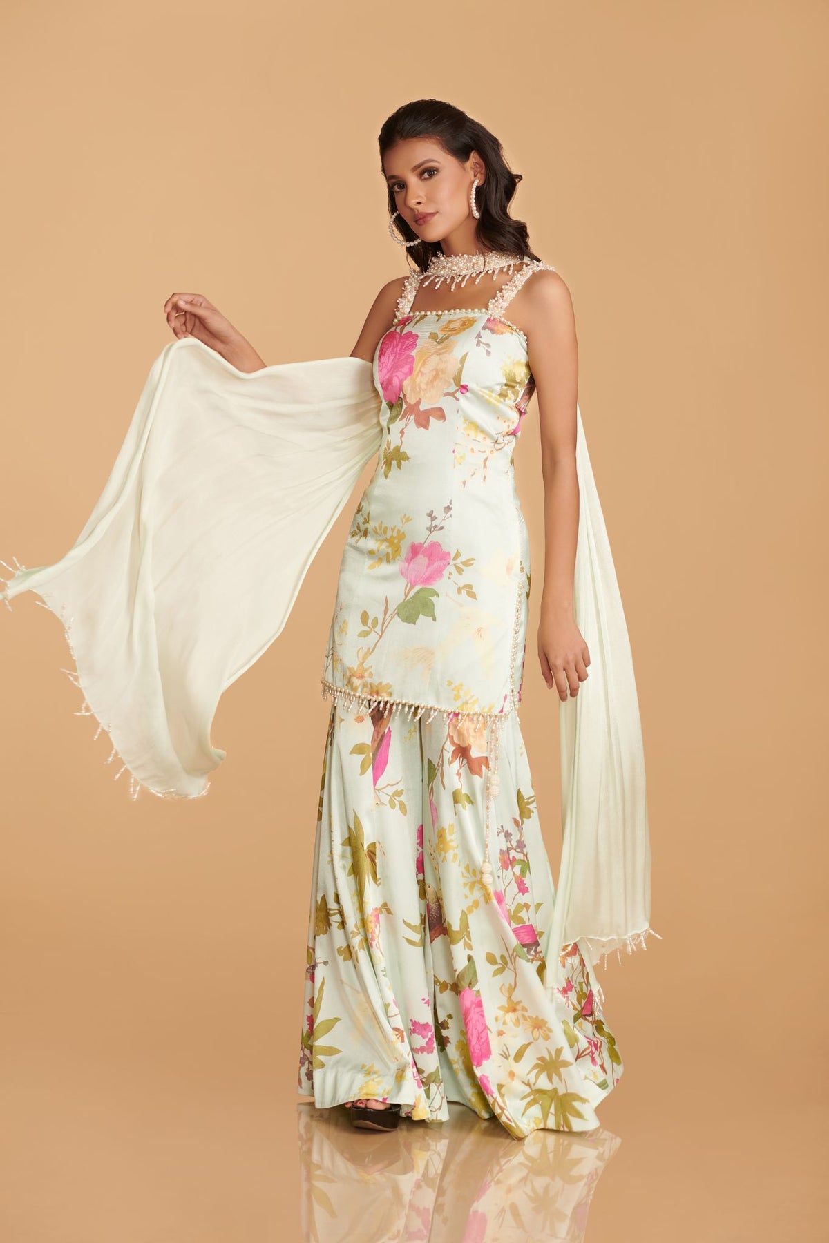 Off-White Multi-Colour Chinon Satin Kurta With Kalidaar Sharara Pant