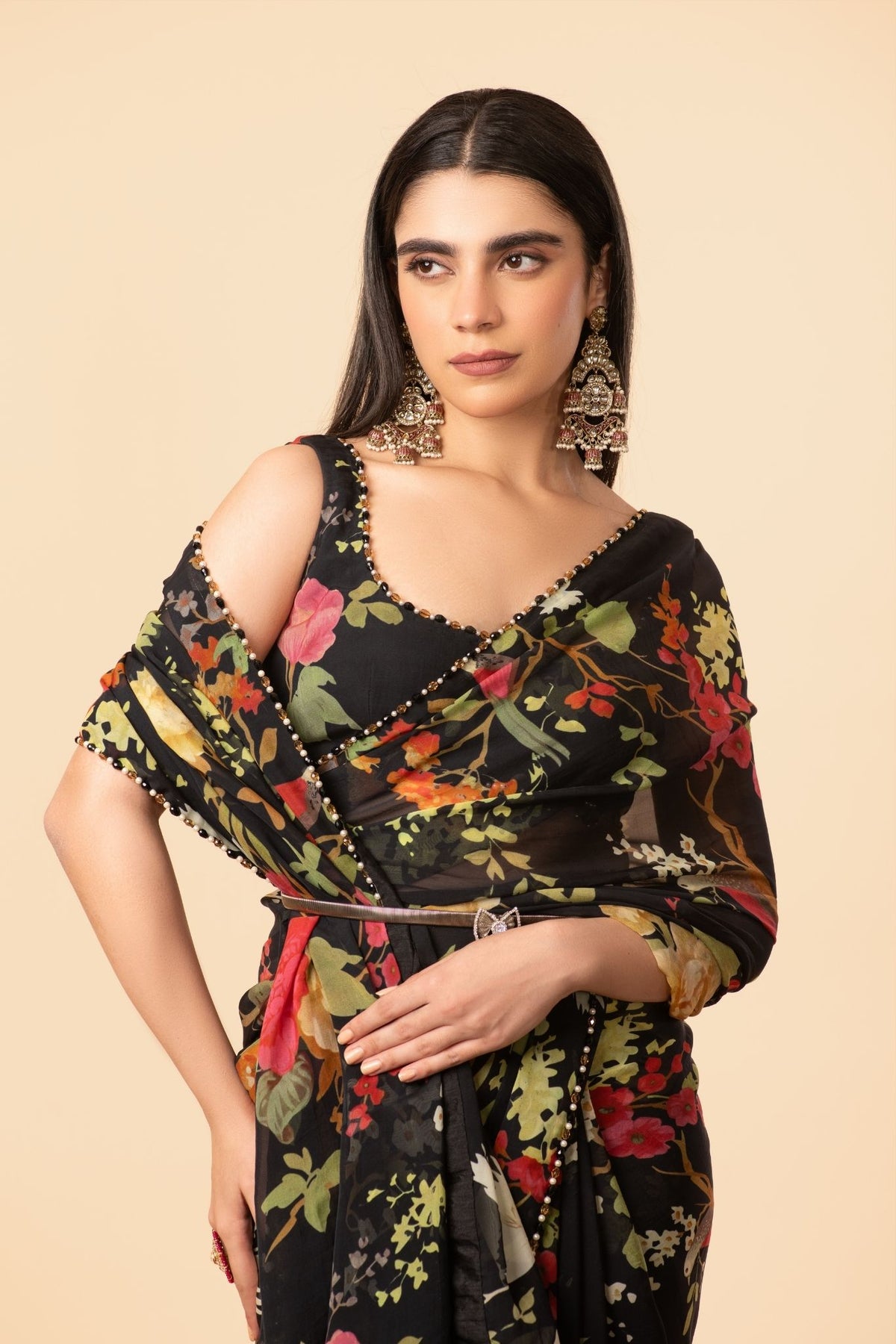 Off-White, Black, Pink, Blue, Green & Grey Organza Saree