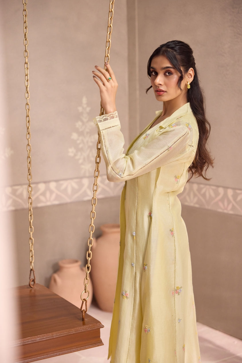 Yellow Chanderi Long Jacket with Sleeveless Cotton Dress