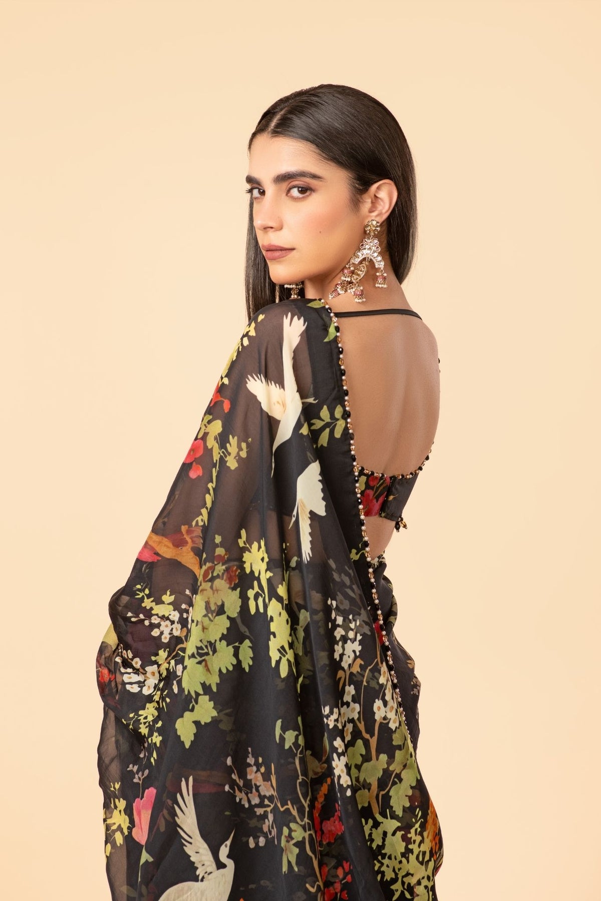 Off-White, Black, Pink, Blue, Green & Grey Organza Saree