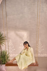 Yellow Chanderi Long Jacket with Sleeveless Cotton Dress