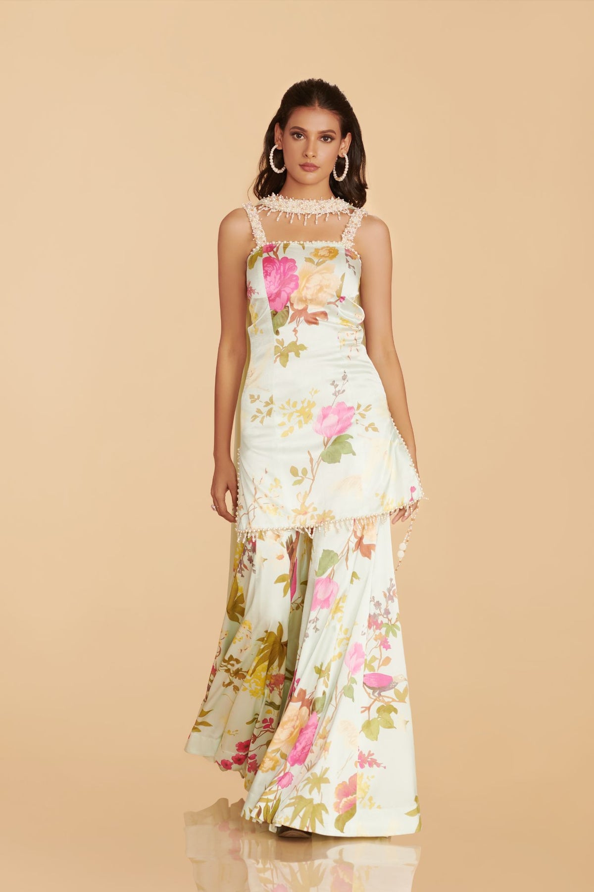 Off-White Multi-Colour Chinon Satin Kurta With Kalidaar Sharara Pant