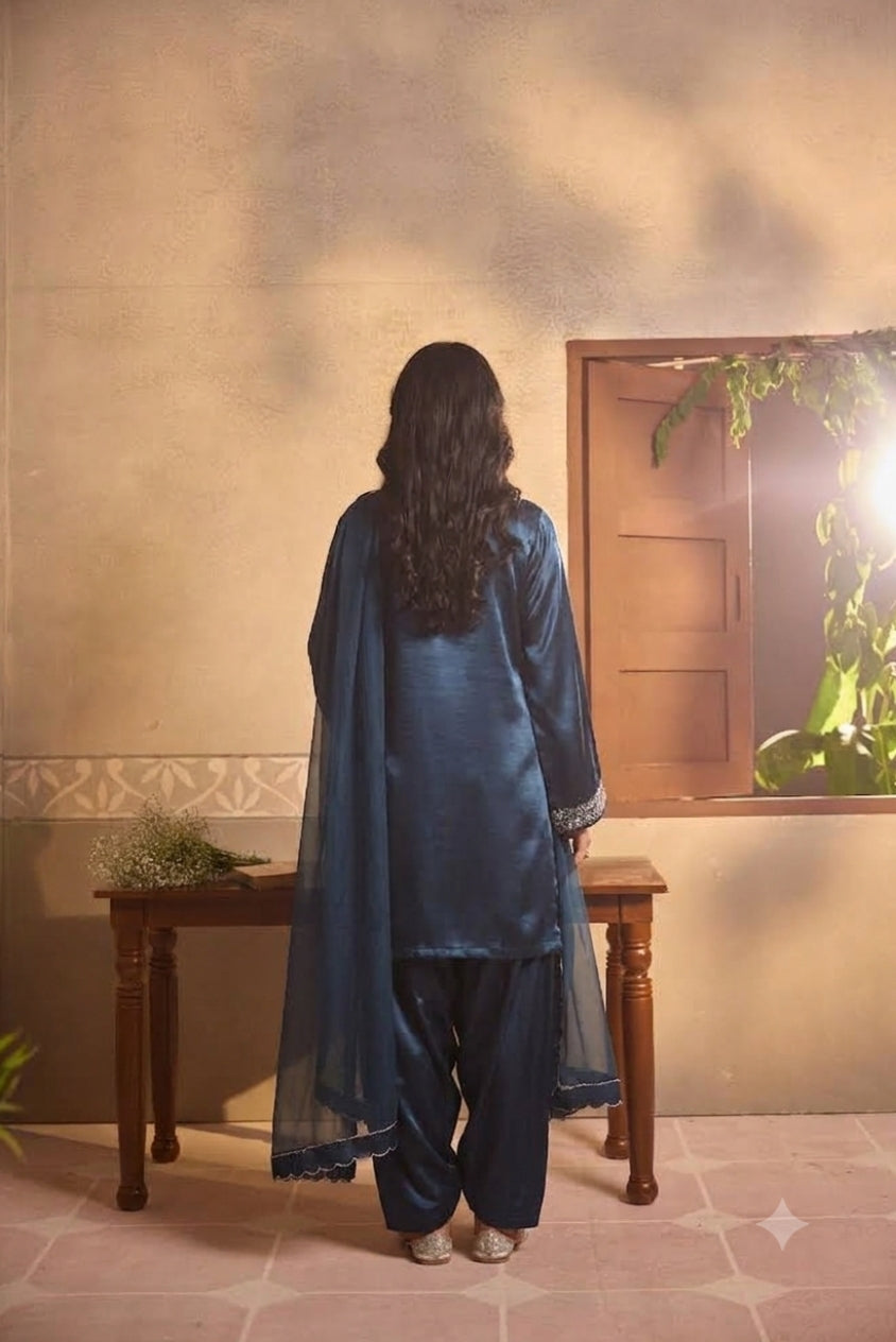 Petrol Blue Gajji Silk Farsi Salwar 3-Piece Set