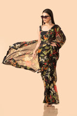Off-White, Black, Pink, Blue, Green & Grey Organza Saree