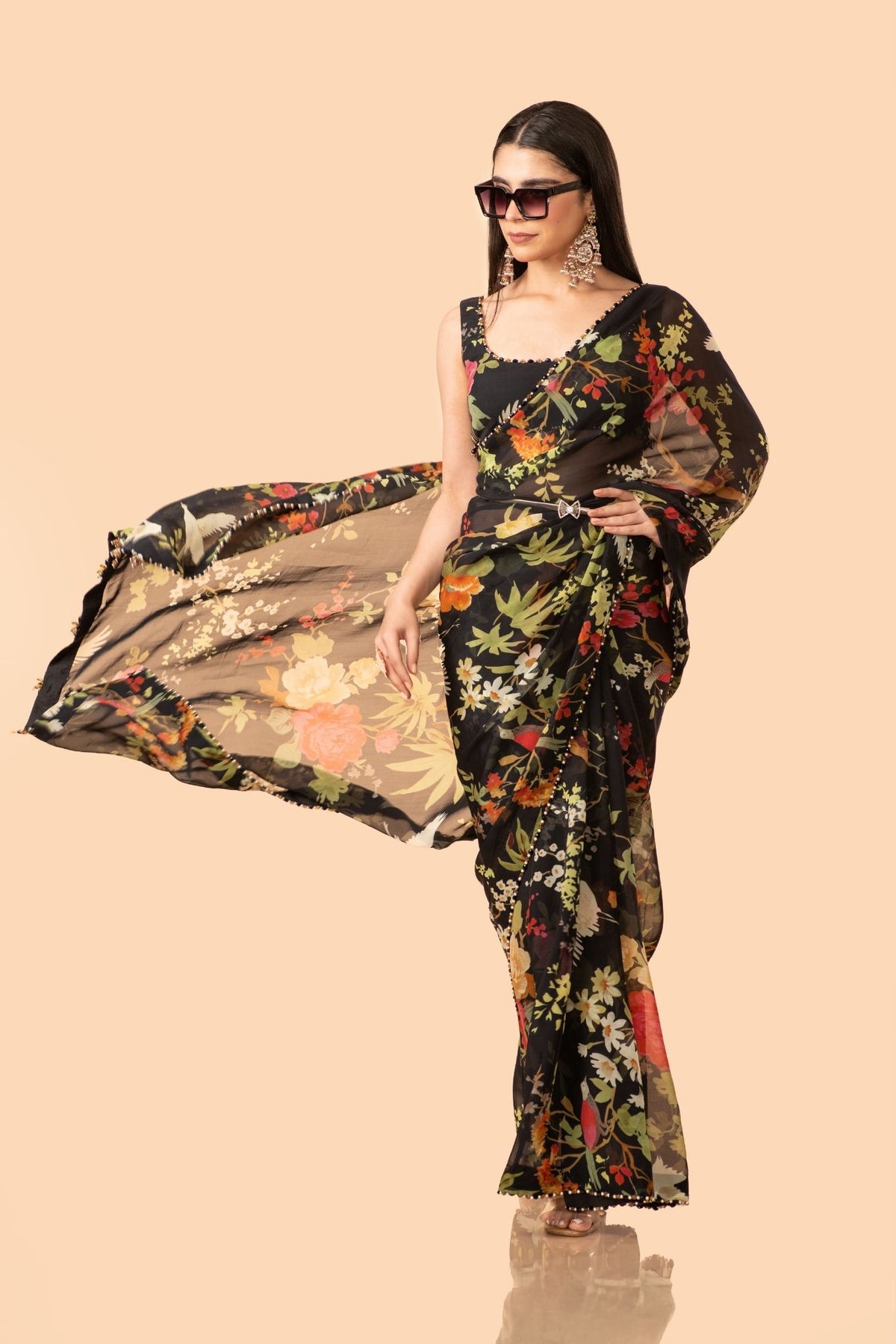 Off-White, Black, Pink, Blue, Green & Grey Organza Saree