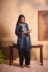 Petrol Blue Gajji Silk Farsi Salwar 3-Piece Set