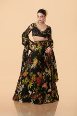 Off-White, Black, Pink, Blue & Green Organza Lehenga