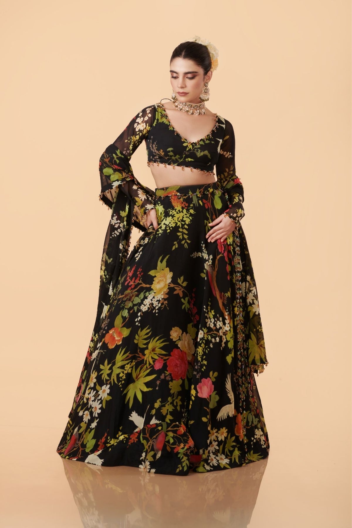 Off-White, Black, Pink, Blue & Green Organza Lehenga