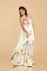 Off-White Multi-Colour Chinon Satin Kurta With Kalidaar Sharara Pant