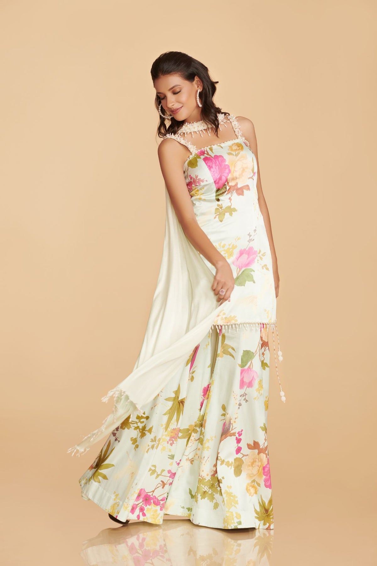 Off-White Multi-Colour Chinon Satin Kurta With Kalidaar Sharara Pant