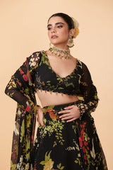 Off-White, Black, Pink, Blue & Green Organza Lehenga