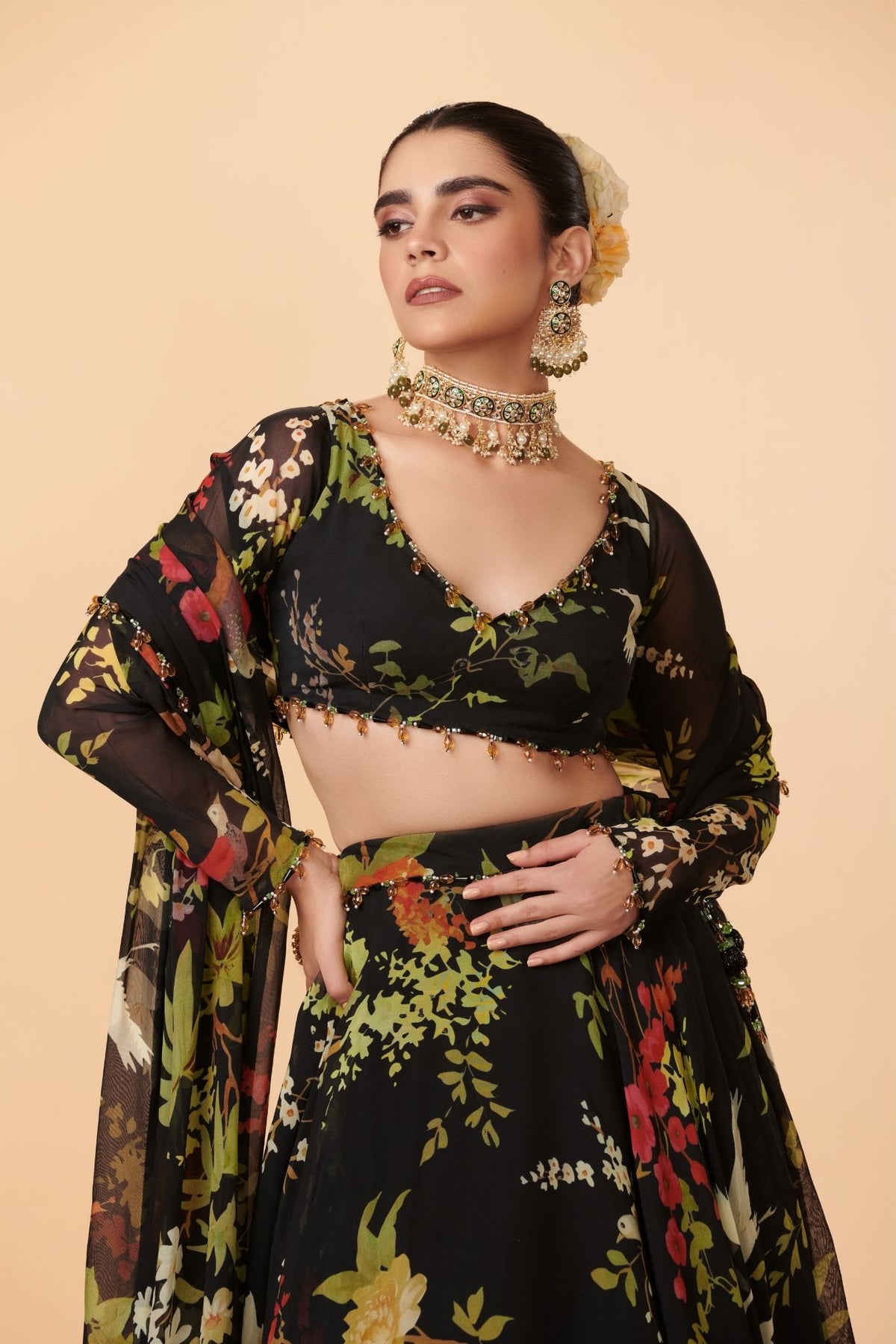 Off-White, Black, Pink, Blue & Green Organza Lehenga