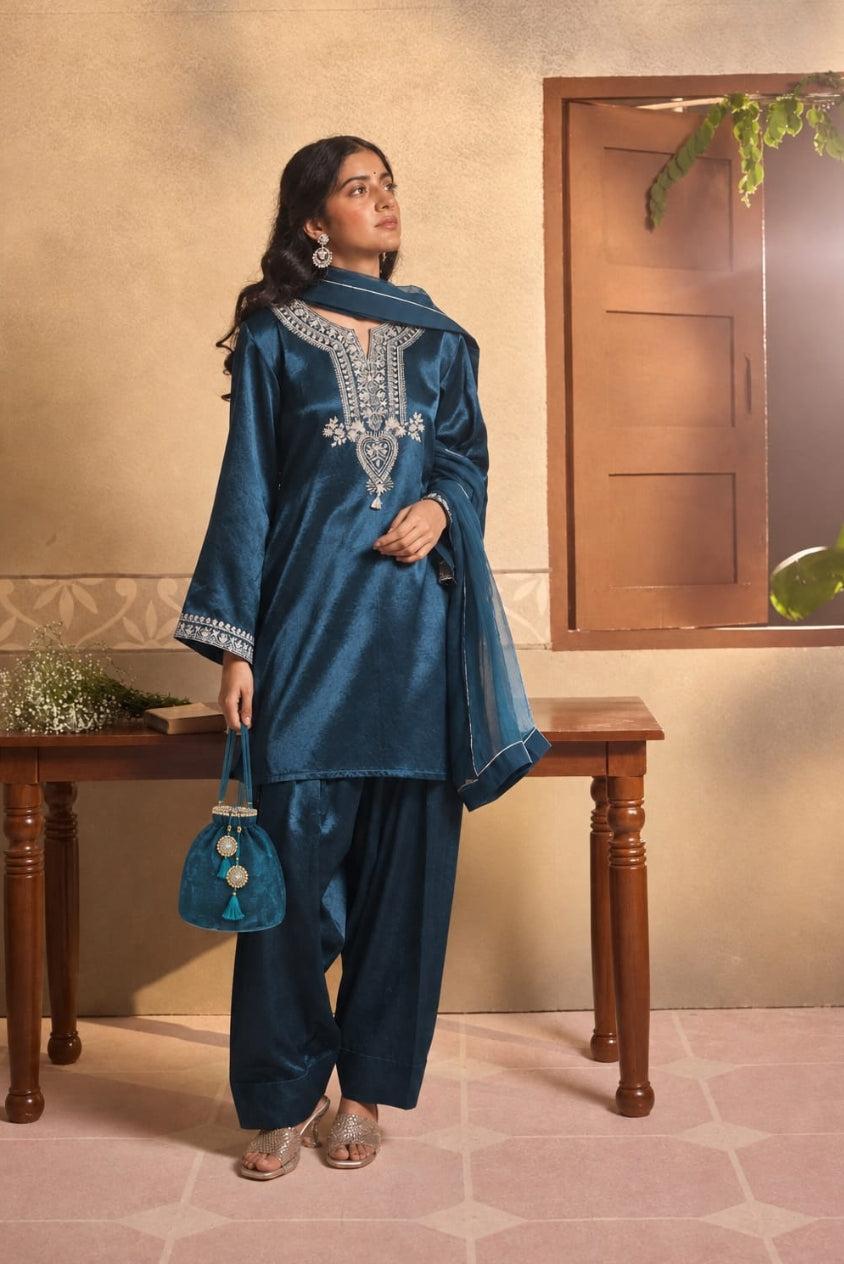 Petrol Blue Gajji Silk Farsi Salwar 3-Piece Set